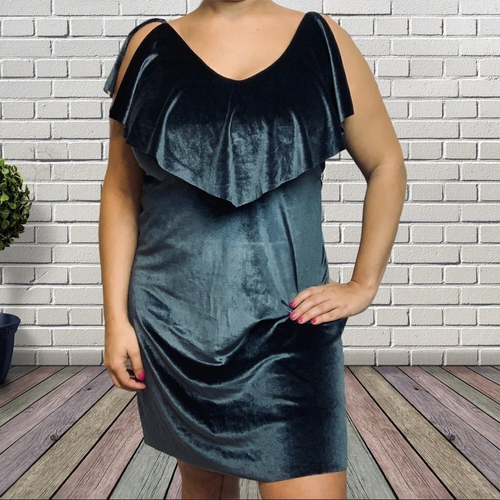 NEW Boohoo Dress Ria Velvet Frill Blue Velour M